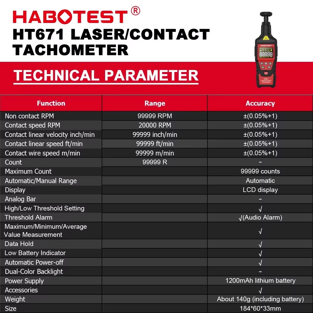 Tacómetro Digital 2 en 1 HABOT - Industrial Laser Tachometer reseña y precio